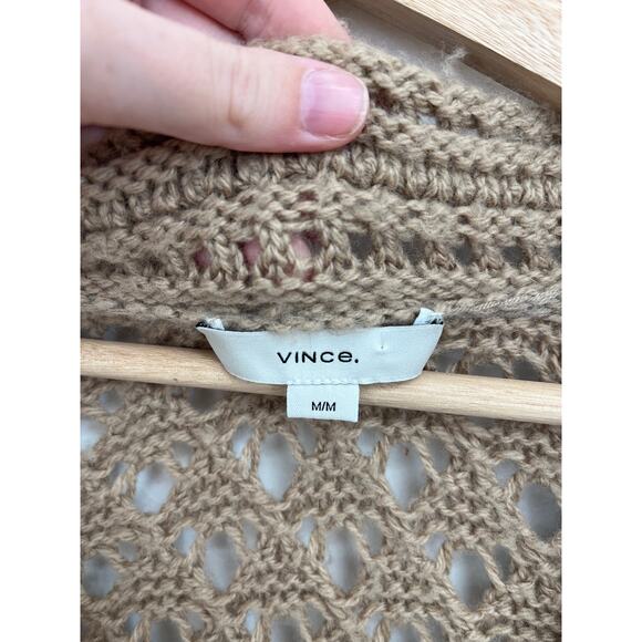 VINCE. Crochet Open Knit Wool Cashmere Luxury Cardigan Amber Light - Medium - Picture 5 of 10